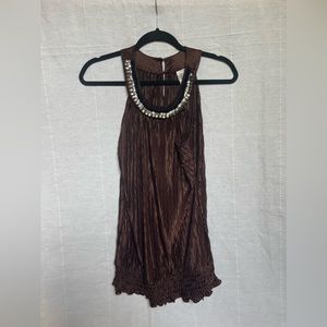 Vintage beaded Tanktop halter brown silky women’s size medium summer